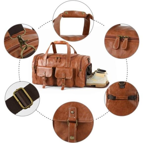 PU Leather Travel Duffel Bag with Shoe Pouch Large Carry on Bag Waterproof - Picture 3 of 7